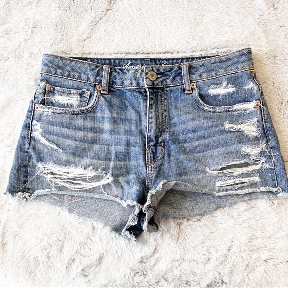American Eagle Outfitters Pants - AMERICAN EAGLE Denim Jean Shorts, Medium Wash, Distressed Cut Off Size 8